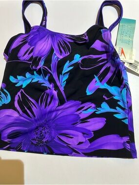 Speedo Black Tankini Top with Purple and Aqua Floral Print